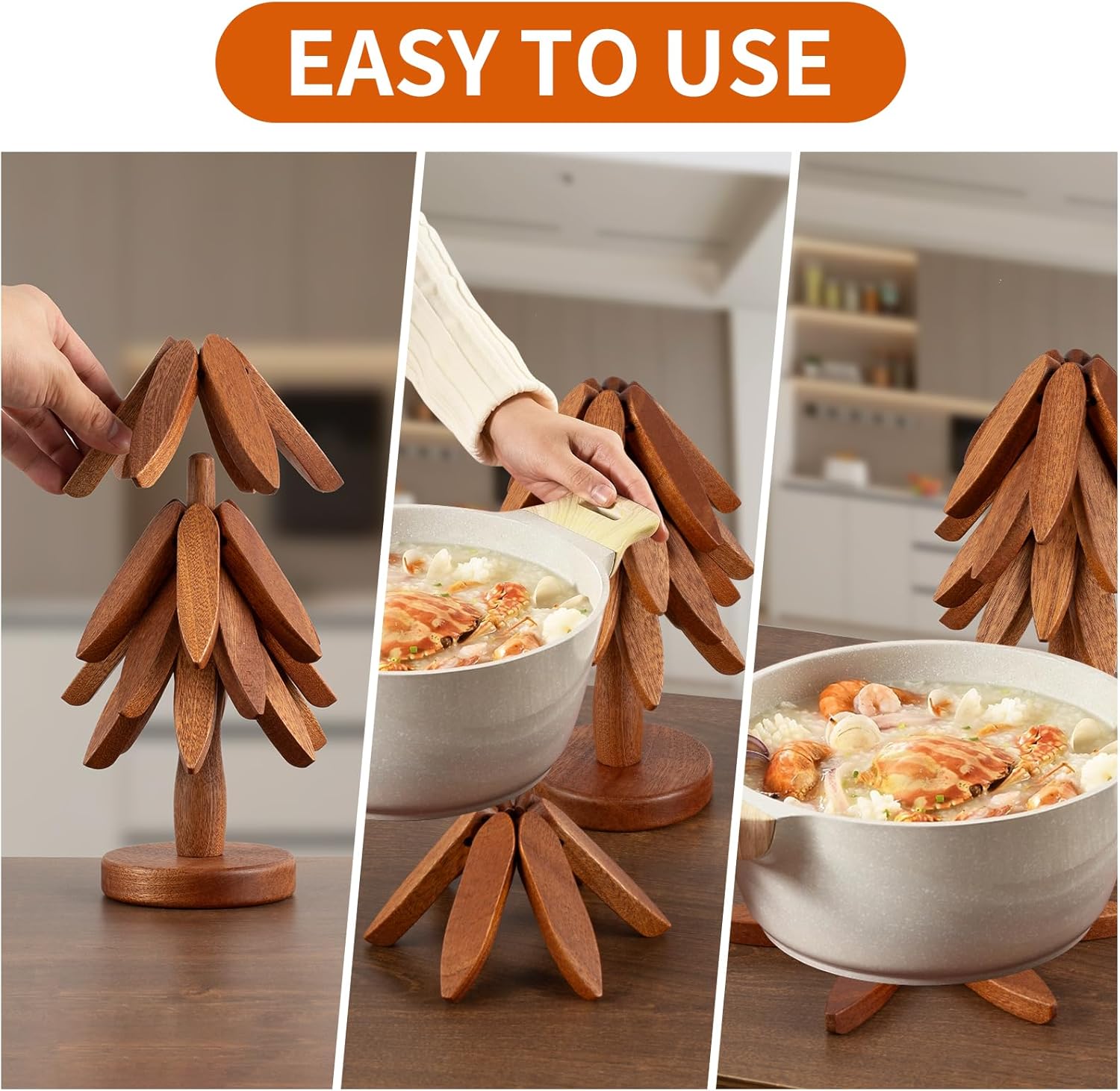 Wooden Trivets for Hot Dishes, Hot Dish Coaster with Tree-Shaped Wood Collapsible Hot Pad Trivet Tree for Restaurant, 4 Wooden Trivet   1 Stand（Walnut Wood）